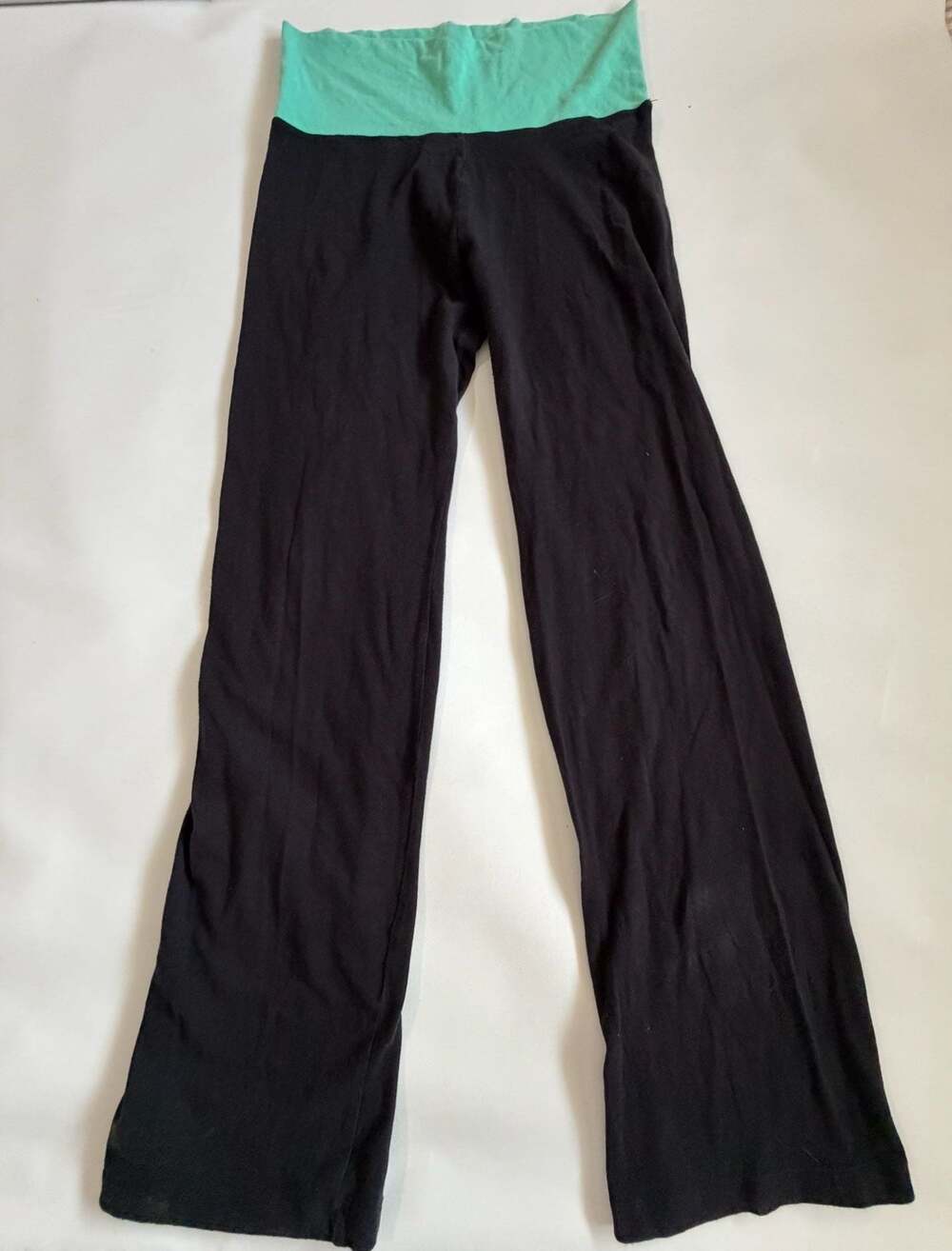 Womens Yoga Pants M Black Wide Leg Teal Waistband Flare Cotton